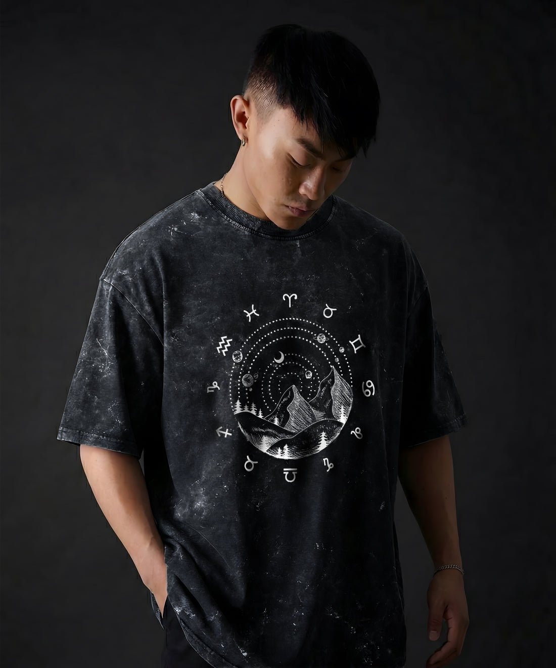 Unisex Acid-Wash Oversized Tee – Celestial Zodiac Edition